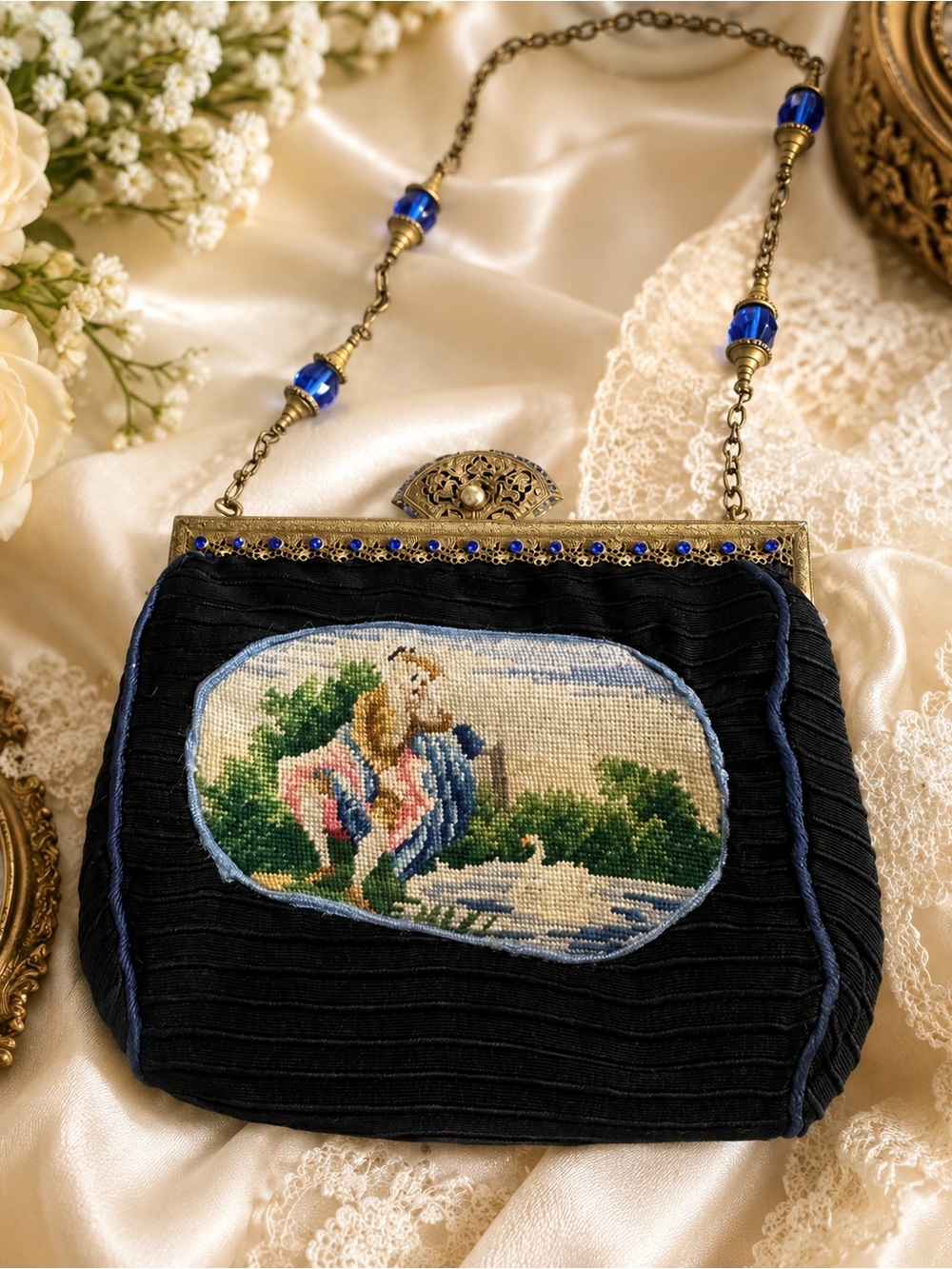 Vintage Czechoslovakia Needlepoint Evening Purse Blue Glass Frame Trinity Plate